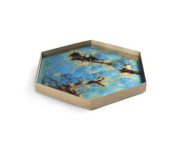Organic tray collection | Teal Organic glass valet tray - metal rim - hexagon - L | Tabletts | Ethnicraft