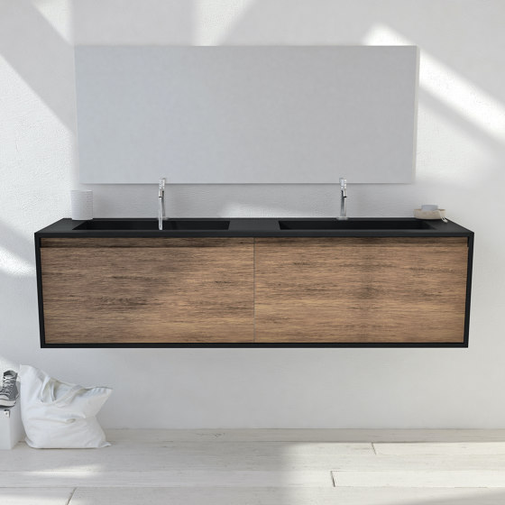 CORIAN® COLOUR | Orion Double Basin + Gaia Edge Corian® Colour and Solid Oak Vanity Unit - 2 drawers | Vanity units | Riluxa