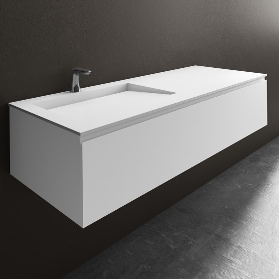 MDF + CORIAN® | Ensemble Plan-vasque Corian® Sagitta + Meuble suspendu Gaia Classic en MDF - 1 Tiroir | Meubles sous-lavabo | Riluxa