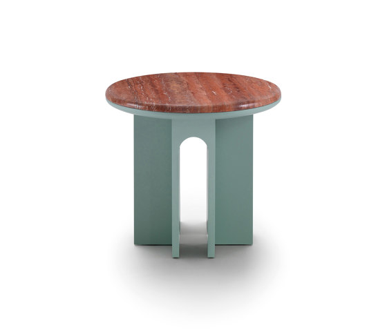 Arcolor Tavolino 50 - Versione con base laccata verde pantone RAL 5635 e top in Travertino rosso | Tavolini alti | ARFLEX