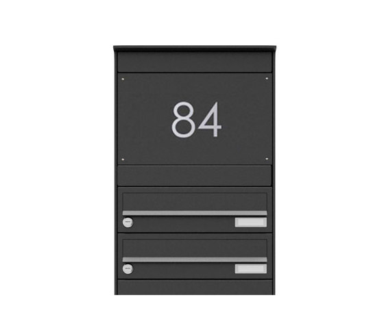 Basic | 3er Edelstahl Briefkastenstele BASIC Plus 864X mit Paketfach 550x370 & Klingelkasten - RAL nach Wahl Oben | Briefkästen | Briefkasten Manufaktur