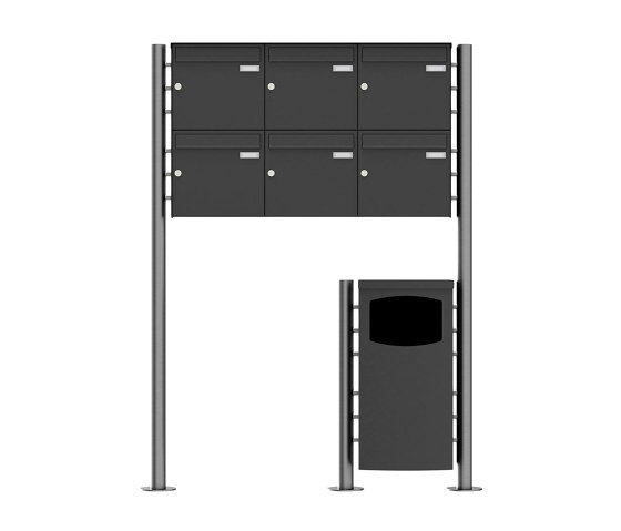 Basic | 6er 2x3 Edelstahl Standbriefkasten Design BASIC Plus 381X ST-R mit Abfallbehälter - RAL nach Wahl Rechts 100mm Tiefe | Pattumiere | Briefkasten Manufaktur