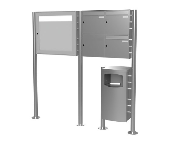 Basic | 3er 2x2 Edelstahl Standbriefkasten Design BASIC Plus 381X ST-R mit Abfallbehälter & Schaukasten Rechts 100mm Tiefe | Waste baskets | Briefkasten Manufaktur