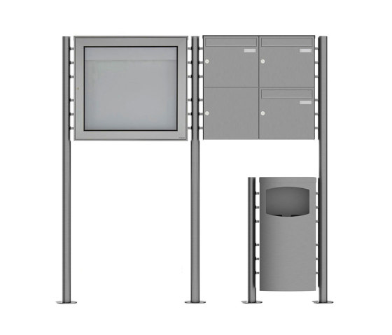 Basic | 3er 2x2 Edelstahl Standbriefkasten Design BASIC Plus 381X ST-R mit Abfallbehälter & Schaukasten Rechts 100mm Tiefe | Abfallbehälter / Papierkörbe | Briefkasten Manufaktur