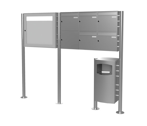 Basic | 5er 2x3 Edelstahl Standbriefkasten Design BASIC Plus 381X ST-R mit Abfallbehälter & Schaukasten Rechts 100mm Tiefe | Waste baskets | Briefkasten Manufaktur