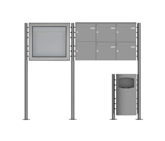 Basic | 5er 2x3 Edelstahl Standbriefkasten Design BASIC Plus 381X ST-R mit Abfallbehälter & Schaukasten Rechts 100mm Tiefe | Waste baskets | Briefkasten Manufaktur