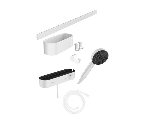 hansgrohe WallStoris Bundle hand shower 105 3jet EcoSmart Activation, thermostat, shower bar 70 cm and storage set | Shower controls | Hansgrohe