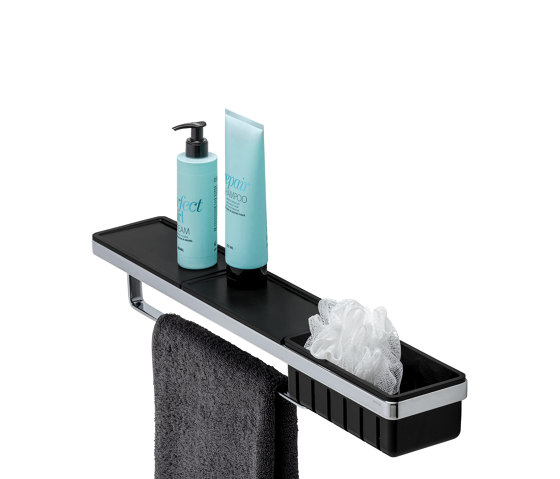Frame Black Chrome | Shelf With Towel Rail And Shower Basket Black / Chrome | Bath shelves | Geesa