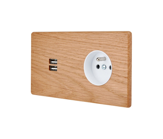Light Oak - Double Horizontal Cover Plate - USB A - Socket | Schuko sockets | Modelec