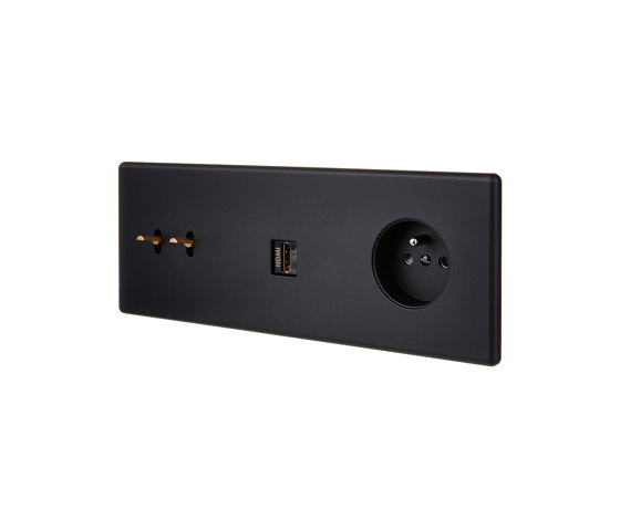 Black Soft Touch - Triple Horizontal Cover Plate - 2 golden toggles - 1 HDMI - 1 Socket | Toggle switches | Modelec