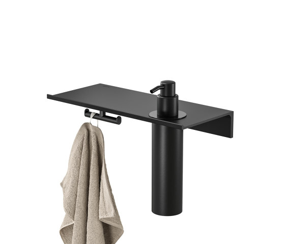 Leev | Étagère de salle de bains 28 cm avec crochet porte-serviette et distributeur de savon 200 ml Noir | Tablettes / Supports tablettes | Geesa