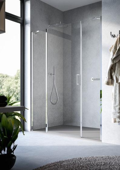 Claire Design 
Demi-ronde avec deux portes battantes et élément fixe | Parois de douches | Inda
