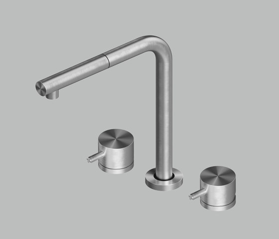 AISI316L stainless steel deck mounted mixer set with swivelling,collapsible and extractable spout, with remote control for watertreatment. Collapses down to 6cm. | Robinetterie de cuisine | Quadrodesign