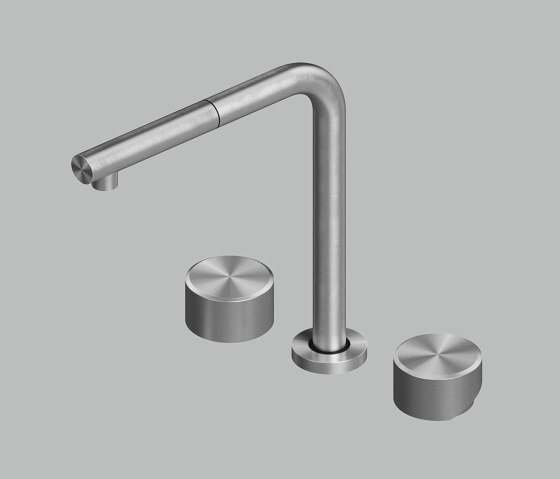 AISI316L stainless steel deck mounted mixer set with swivelling, collapsible
and extractable spout, with remote control for water treatment. Collapses
down to 6cm. | Robinetterie de cuisine | Quadrodesign