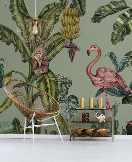 Monkeys with Birds - Light Green | Peintures murales / art | Feathr
