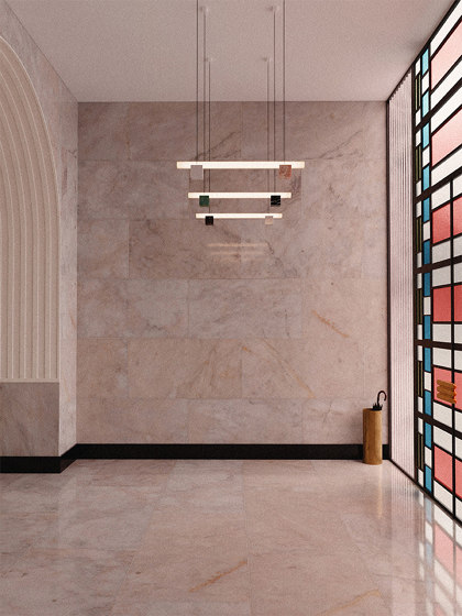 Isle 01A - P4 - Polished Aluminium + Red Levanto | Suspended lights | Lambert et Fils