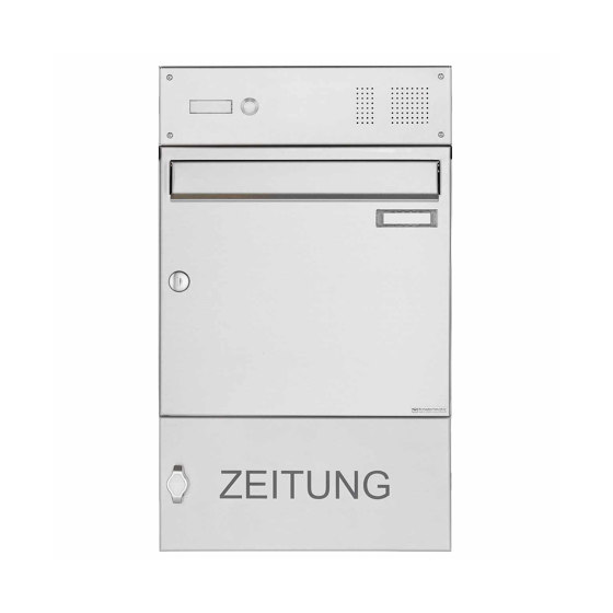 Stainless steel surface mount letterbox design BASIC 382A UP with bell box & newspaper compartment closed 100mm depth | Buzones | Briefkasten Manufaktur