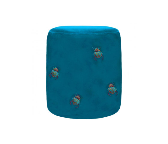 Velvet ottoman | Blue velvet stool with embroidered beetles | Stools | MX HOME
