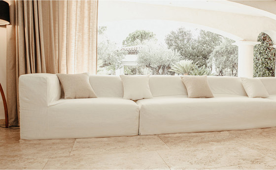 Indoor modular sofa | Modular corner sofa - Removable cover 5/6 seater - White cotton with fringe | Sofas | MX HOME