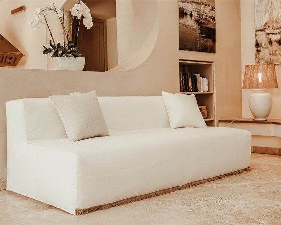 Indoor modular sofa | Modular corner sofa - Removable cover 5/6 seater - White cotton with fringe | Sofas | MX HOME