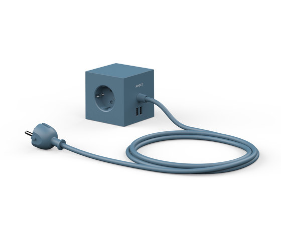 SQUARE 1 with Dual USB A ports & Magnetic base, 1.8m - OCEAN BLUE | USB-Ladesteckdose | Avolt