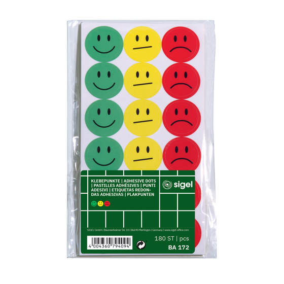 Pastilles adhésives smileys, autocollant, jaune, vert, rouge, 180 pièces | Accessoires de bureau | Sigel