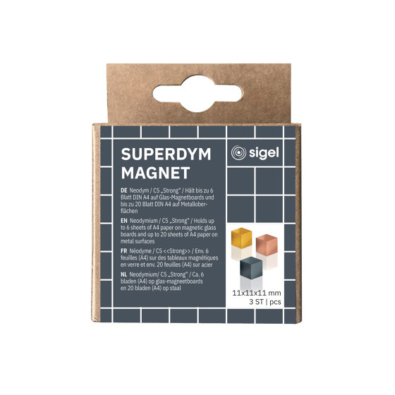 SuperDym magnets C5 "Strong", Cube-Design, grey, kupfer, gold, 3 pcs. | Desk accessories | Sigel