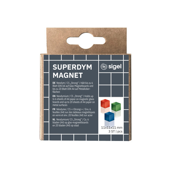 Aimants SuperDym C5 "Strong", Cube-Design, bleu, rouge, vert, 3 pièces | Accessoires de bureau | Sigel