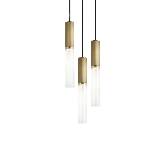Flume | 50 Pendant - 3 Drop Grouping - Antique Brass & Frosted Reeded Glass | Suspended lights | J. Adams & Co