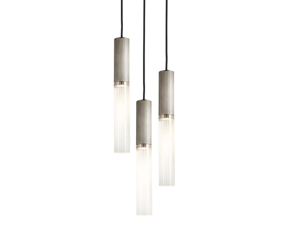 Flume | 50 Pendant - 3 Drop Grouping - Satin Nickel & Frosted Reeded Glass | Suspensions | J. Adams & Co