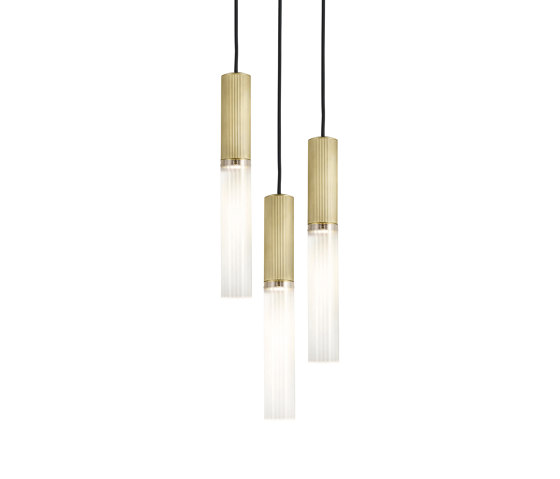 Flume | 50 Pendant - 3 Drop Grouping - Satin Brass & Frosted Reeded Glass | Lampade sospensione | J. Adams & Co
