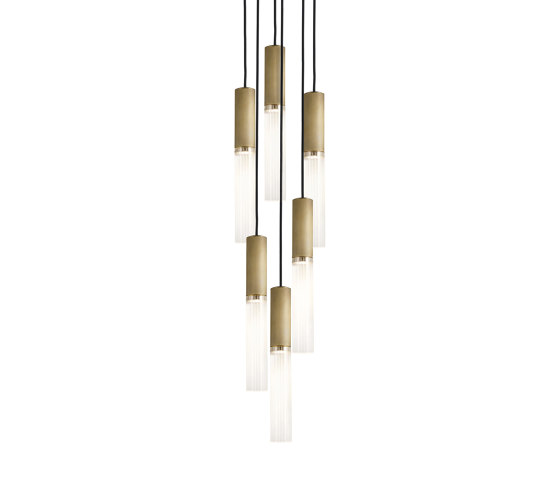 Flume | 50 Pendant - 6 Drop Grouping - Antique Brass & Frosted Reeded Glass | Lampade sospensione | J. Adams & Co