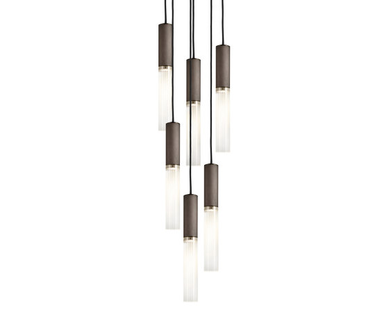 Flume | 50 Pendant - 6 Drop Grouping - Bronze & Frosted Reeded Glass | Suspended lights | J. Adams & Co