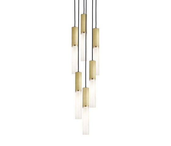 Flume | 50 Pendant - 6 Drop Grouping - Satin Brass & Frosted Reeded Glass | Lampade sospensione | J. Adams & Co