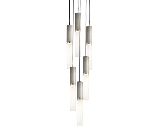 Flume | 50 Pendant - 6 Drop Grouping - Satin Nickel & Frosted Reeded Glass | Lampade sospensione | J. Adams & Co
