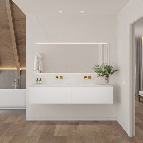 MDF + CORIAN® | Lavabo doble Sagitta Corian® + mueble de lavabo de pared Gaia Classic - 2 cajones | Armarios lavabo | Riluxa