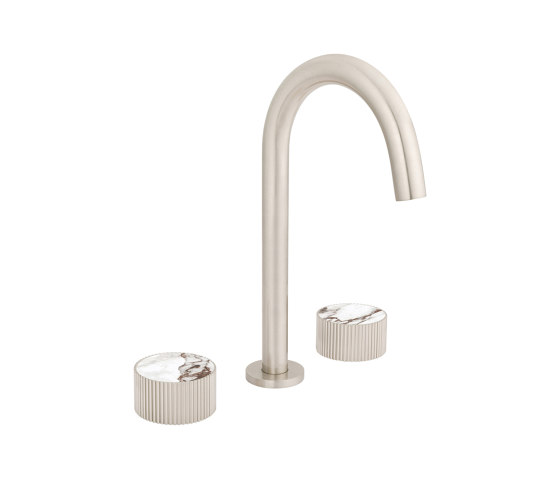 Chiasso | Deck Mounted 3 Hole Basin Mixer With Breccia Capraia Matt Marble Handle Insert Brushed Nickel | Robinetterie pour lavabo | BAGNODESIGN