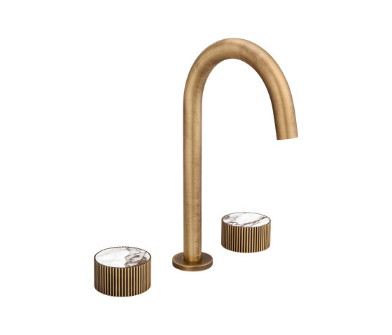 Chiasso | Deck Mounted 3 Hole Basin Mixer With Breccia Capraia Matt Marble Handle Insert Soft Bronze | Robinetterie pour lavabo | BAGNODESIGN