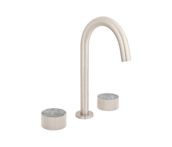 Chiasso | Deck Mounted 3 Hole Basin Mixer With Roma Diamond Grigio Marble Handle Insert Brushed Nickel | Wash basin taps | BAGNODESIGN