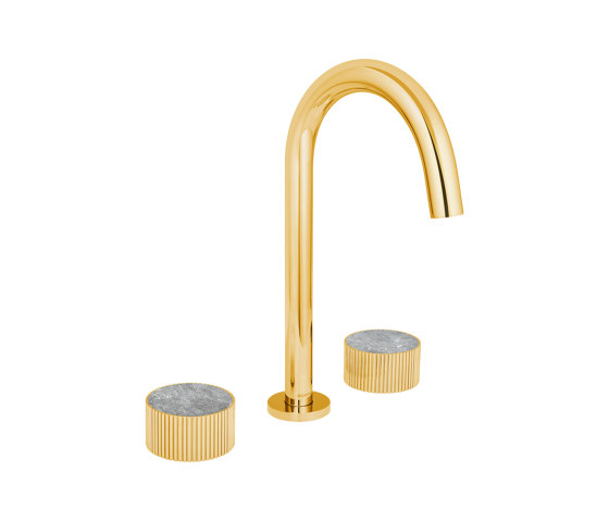 Chiasso | Deck Mounted 3 Hole Basin Mixer With Roma Diamond Grigio Marble Handle Insert Pvd Gold | Wash basin taps | BAGNODESIGN