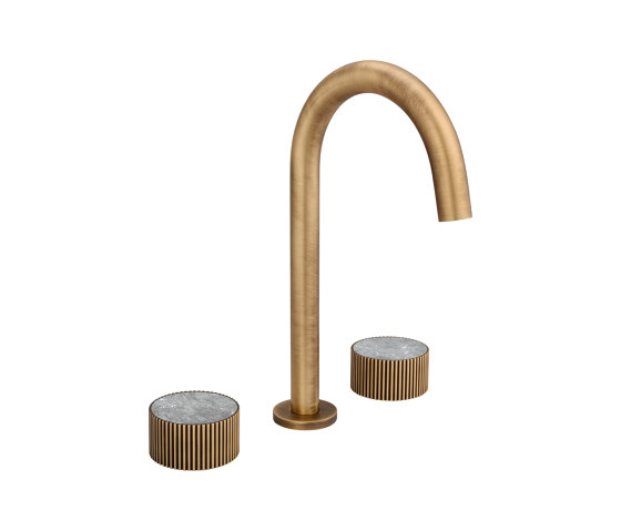 Chiasso | Deck Mounted 3 Hole Basin Mixer With Roma Diamond Grigio Marble Handle Insert Soft Bronze | Grifería para lavabos | BAGNODESIGN