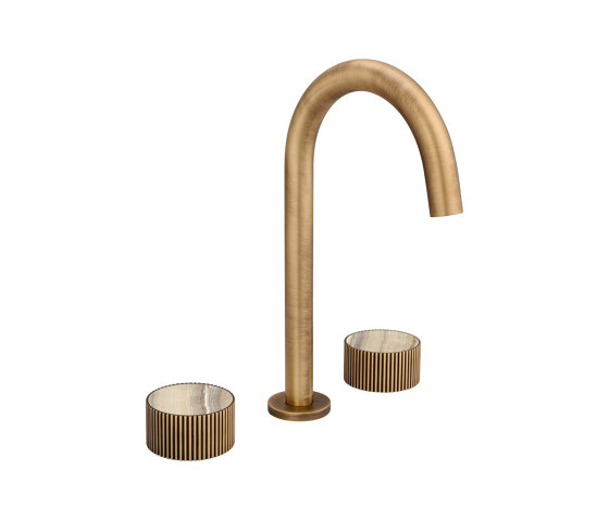 Chiasso | Deck Mounted 3 Hole Basin Mixer With Sand Levigato Marble Handle Insert Soft Bronze | Robinetterie pour lavabo | BAGNODESIGN