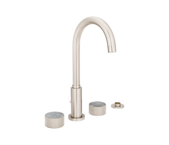 Chiasso | Deck Mounted 4 Hole Bath Mixer With Roma Diamond Grigio Marble Handle Insert Brushed Nickel | Robinetterie pour baignoire | BAGNODESIGN