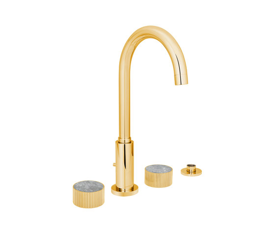Chiasso | Deck Mounted 4 Hole Bath Mixer With Roma Diamond Grigio Marble Handle Insert Pvd Gold | Bath taps | BAGNODESIGN