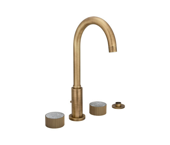 Chiasso | Deck Mounted 4 Hole Bath Mixer With Roma Diamond Grigio Marble Handle Insert Soft Bronze | Bath taps | BAGNODESIGN