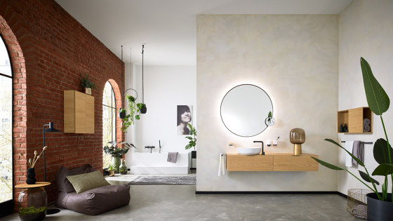 Round mirror including vanity mirror 5x, 600 x 600 x 50 mm, black frame with indirect lighting | Specchi da bagno | Vigour
