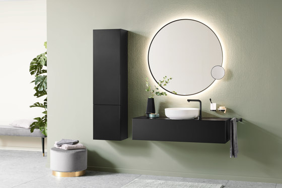 Round mirror including vanity mirror 5x, 1000 x 1000 x 50 mm, black frame with indirect lighting | Bath mirrors | Vigour
