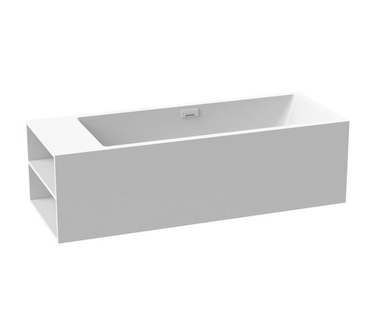 Back-to-wall bath solid surface white 208 x 80 cm 3-sided with spout white matt shelf on left | Bathtubs | Vigour