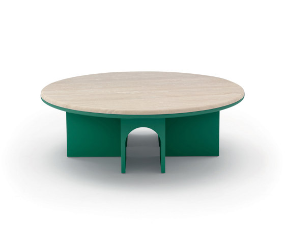 Arcolor Small Table 100 - Version with Forest RAL 6016 lacquered Base and Travertino romano Top | Mesas de centro | ARFLEX