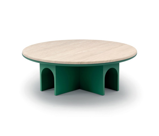 Arcolor Small Table 100 - Version with Forest RAL 6016 lacquered Base and Travertino romano Top | Coffee tables | ARFLEX